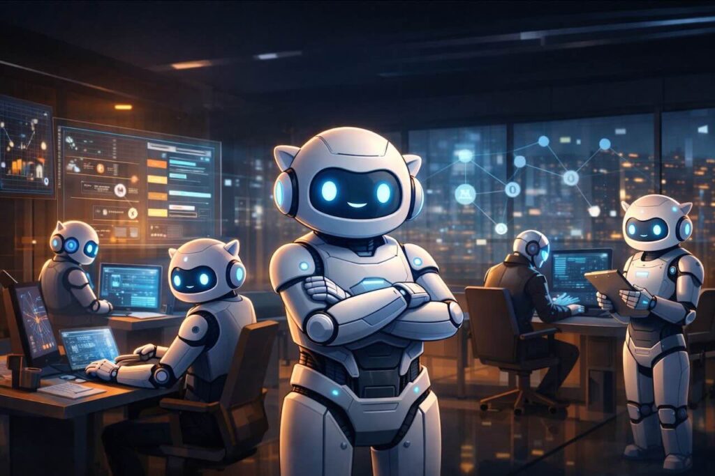איור של סוכני בינה מלאכותית חמודים העובדים יחד כמחלקה דיגיטלית בארגון מודרני