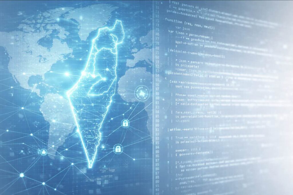 המחשה ויזואלית של מתקפת סייבר מבוססת בינה מלאכותית על תשתיות דיגיטליות המוגנות בכיפת ברזל וירטואלית