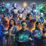 אילוסטרציה של דמויות דמיוניות המייצגות כלי בינה מלאכותית שונים בתוך אקוסיסטם דיגיטלי