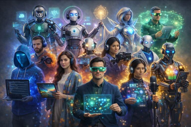 אילוסטרציה של דמויות דמיוניות המייצגות כלי בינה מלאכותית שונים בתוך אקוסיסטם דיגיטלי