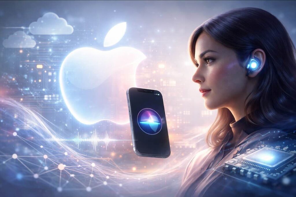 אישה ביונית עתידנית אוחזת במכשיר אייפון מול לוגו אפל זוהר, המייצגת את מהפכת הבינה המלאכותית של פרויקט Campos בשנת 2026