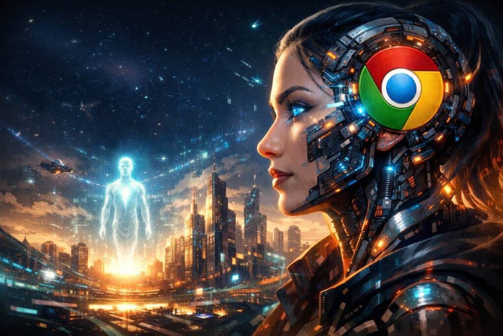 אילוסטרציה עתידנית של דפדפן כרום מבוסס בינה מלאכותית המחליף את חוויית הגלישה המסורתית