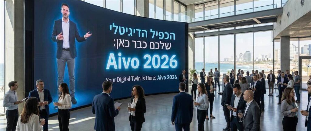 הולוגרמה של כפיל דיגיטלי במשרד הייטק בתל אביב עם הכיתוב Aivo 2026