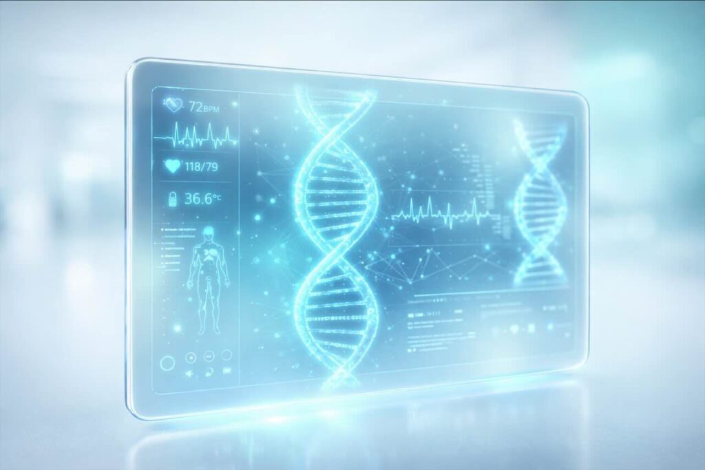ממשק רפואי עתידני מזכוכית המציג סריקת גוף אנושי וניתוח DNA בזמן אמת