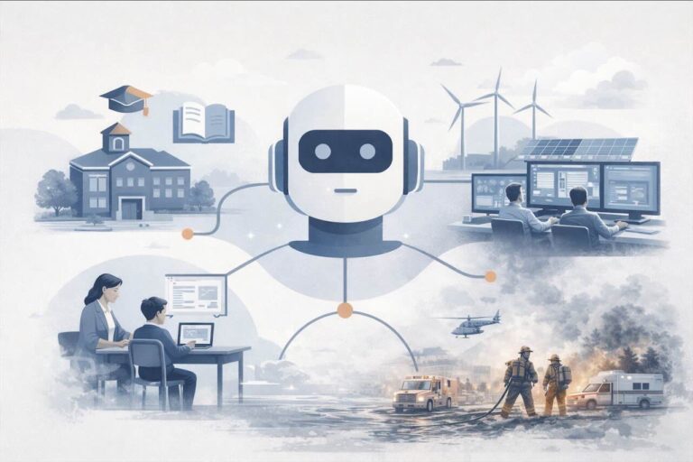 אילוסטרציה המציגה את חזון OpenAI for Countries: בינה מלאכותית מרכזית שמנהלת תשתיות לאומיות כמו חינוך, אנרגיה ירוקה ושירותי חירום.