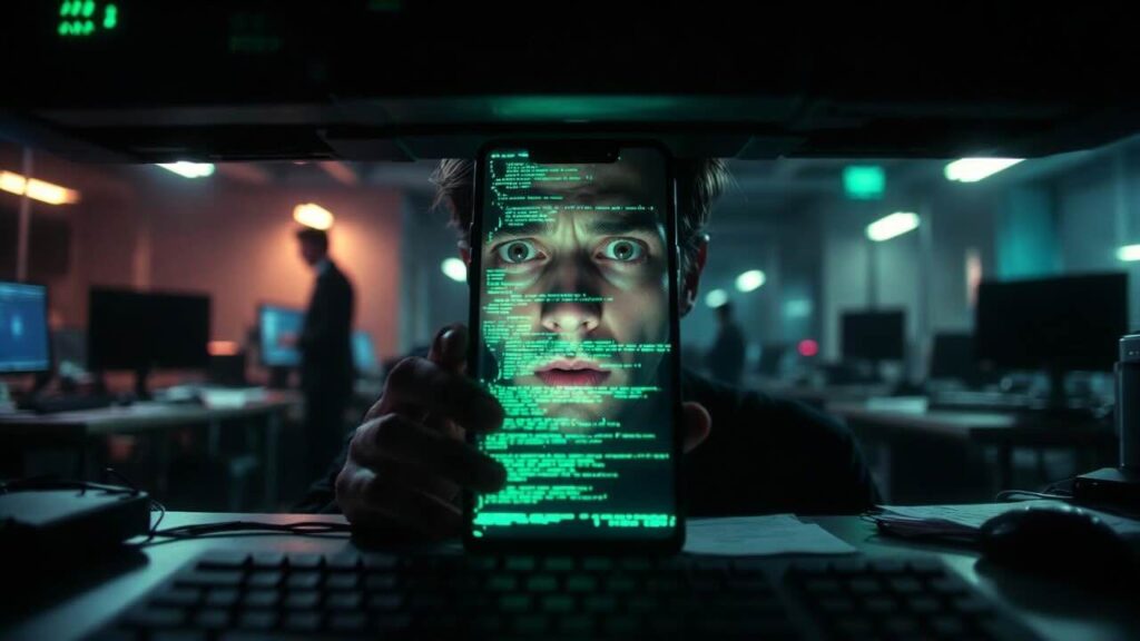 עובד משרד מקליד בחשאי בטלפון הנייד מתחת לשולחן כשעל המסך מופיע ממשק בינה מלאכותית זוהר