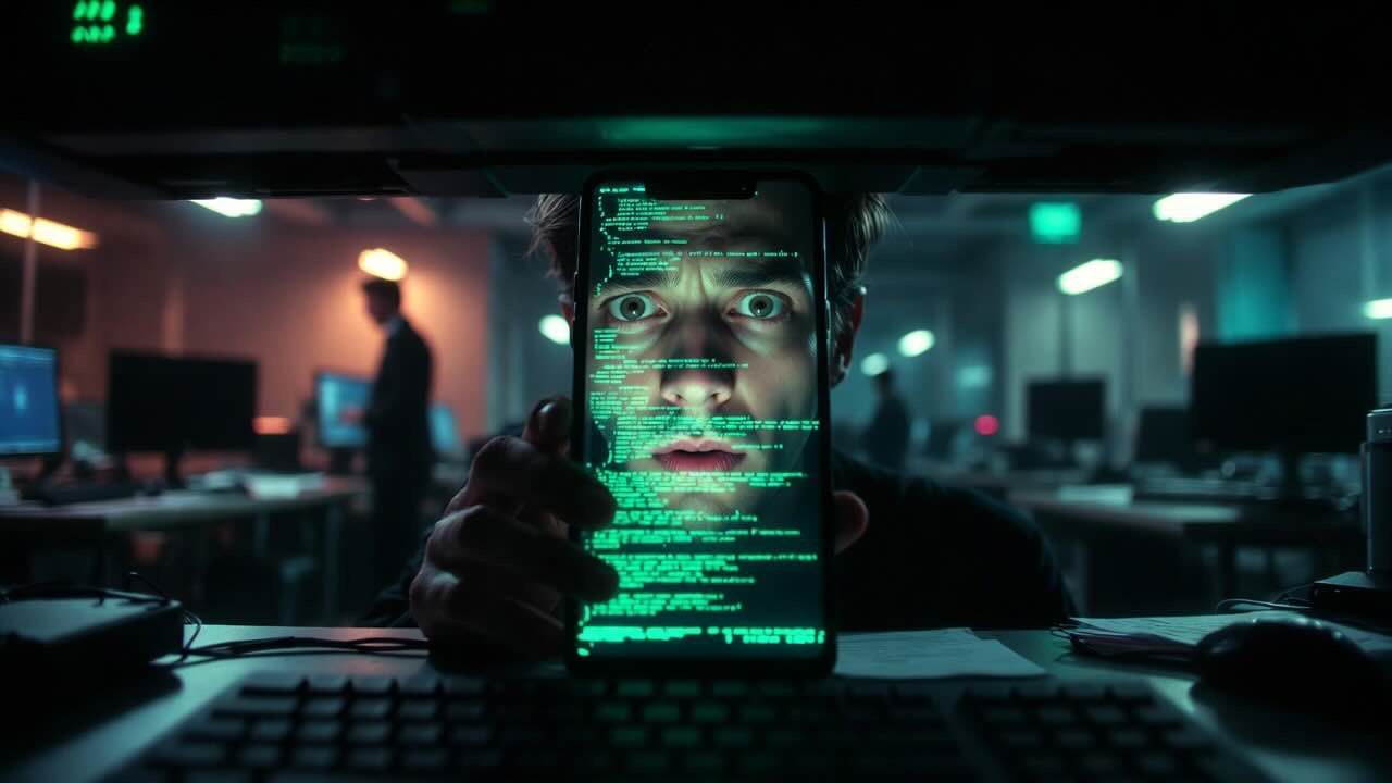 עובד משרד מקליד בחשאי בטלפון הנייד מתחת לשולחן כשעל המסך מופיע ממשק בינה מלאכותית זוהר