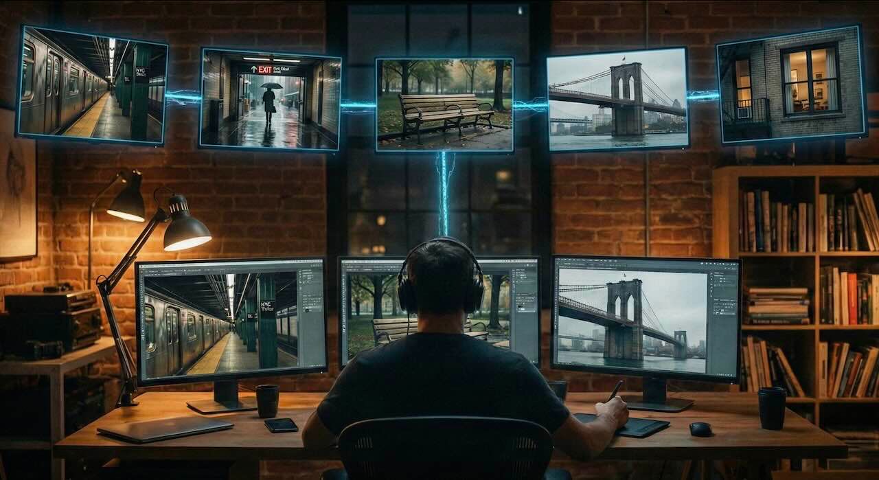 עורך יושב מול ריבוי מסכים המציגים סדרת תמונות עקבית (Visual Consistency) שנוצרה בבינה מלאכותית, המדגימה בניית נרטיב ויזואלי של יום גשום בניו יורק