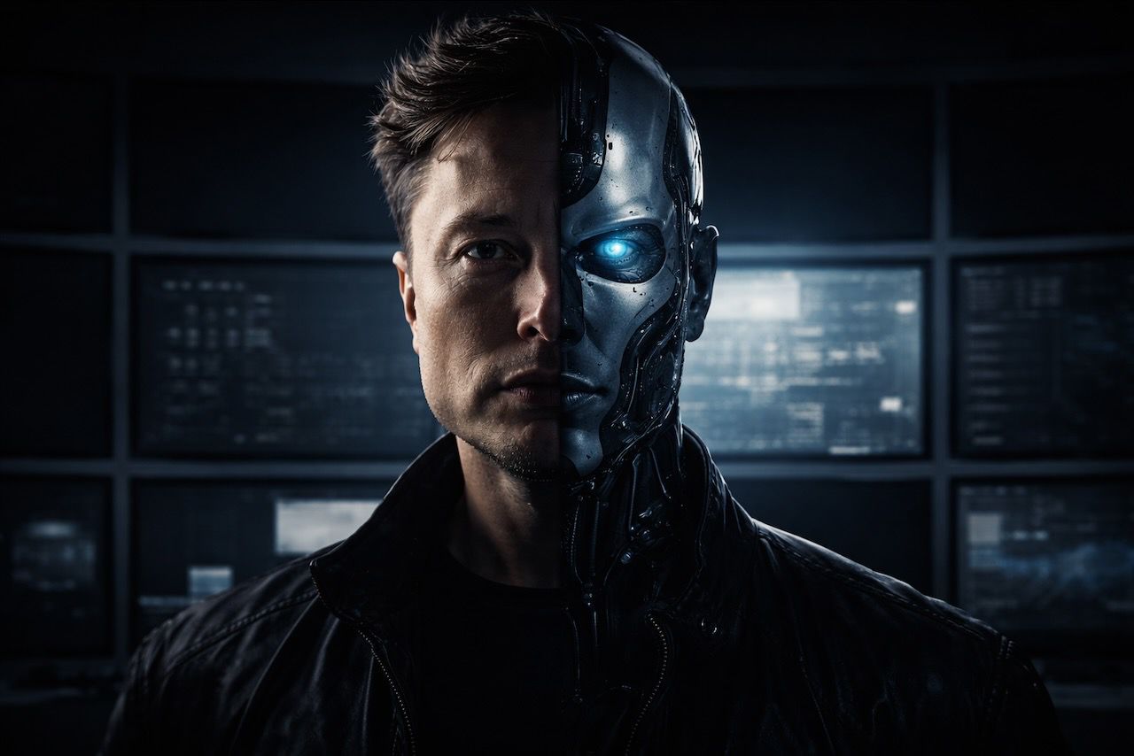 אילוסטרציה של בינה מלאכותית עתידנית עם לוגו X, חופש ביטוי ומאבקי כוח טכנולוגיים