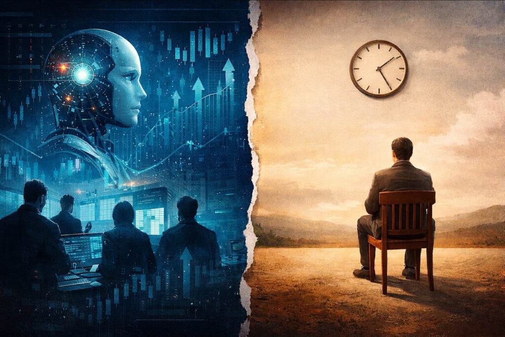 משקיע רגוע מול עולם מסחר דיגיטלי בעידן הבינה המלאכותית