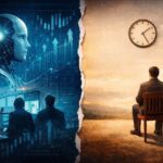 משקיע רגוע מול עולם מסחר דיגיטלי בעידן הבינה המלאכותית