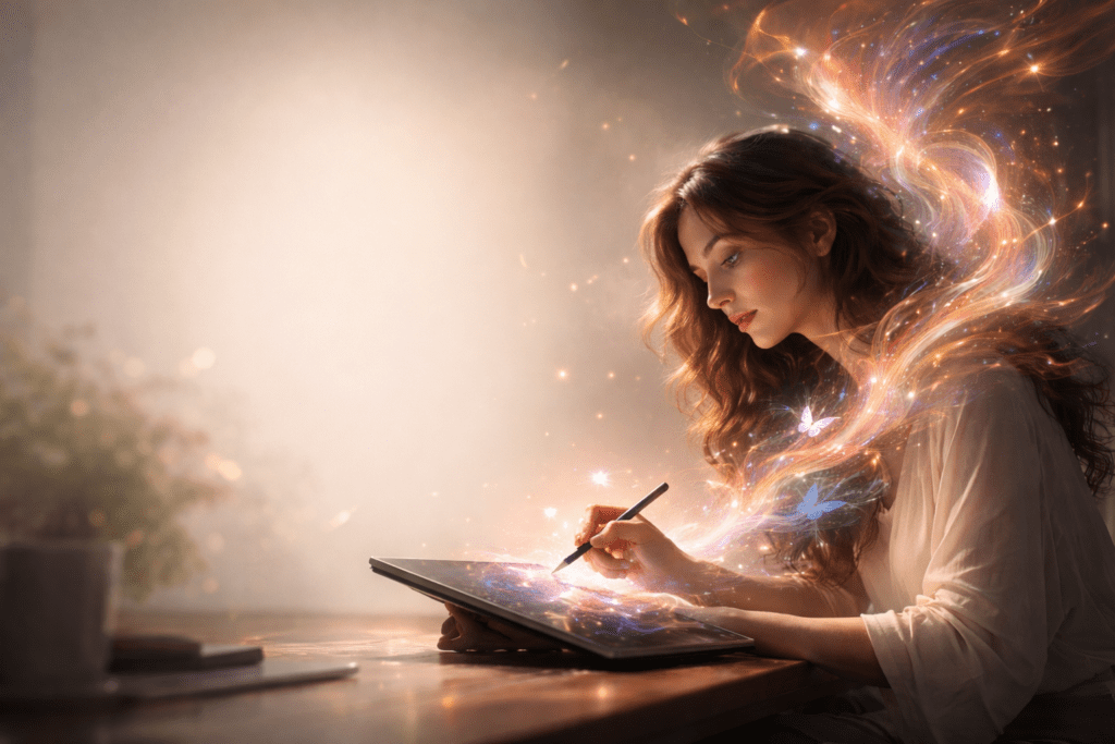 איור מודרני הממחיש יצירתיות ואינטראקציה עם בינה מלאכותית