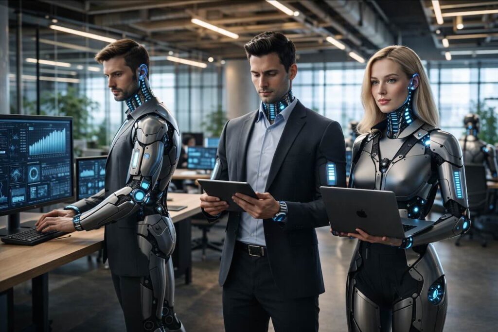 תרשים ארכיטקטורת עבודה של סוכני AI במשרד המודרני המציג זרימת עבודה בין סוכני מחקר, אסטרטגיה ובקרה רגולטורית.