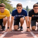 שלושה אצנים רגע לפני הזנקה עם שמות Claude, GPT ו-Gemini על החולצות, מדמים את מלחמת מודלי הקוד ב-2026