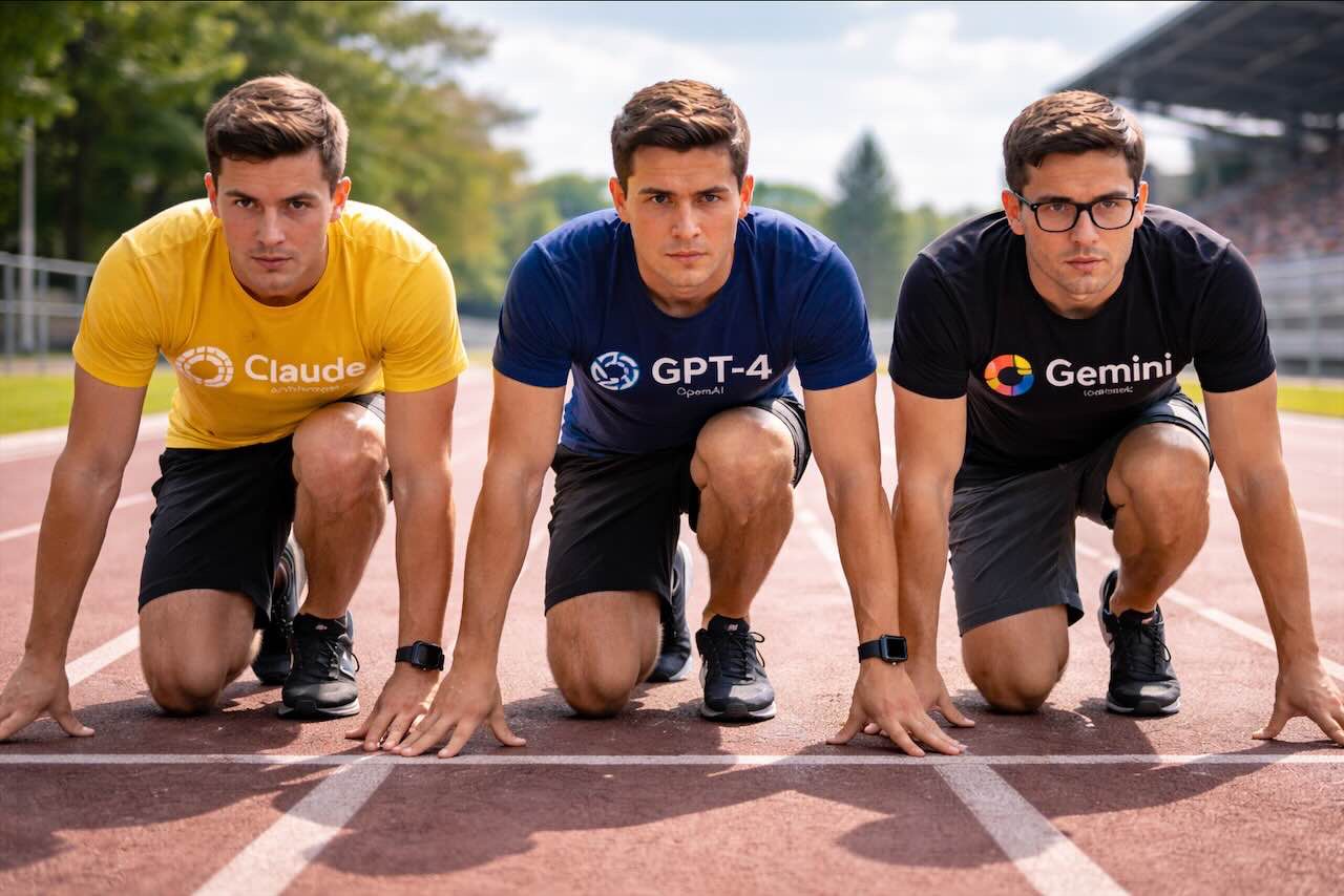 שלושה אצנים רגע לפני הזנקה עם שמות Claude, GPT ו-Gemini על החולצות, מדמים את מלחמת מודלי הקוד ב-2026