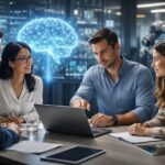 עובדים בדיון במשרד מודרני על השפעת הבינה המלאכותית על שוק העבודה בשנת 2026