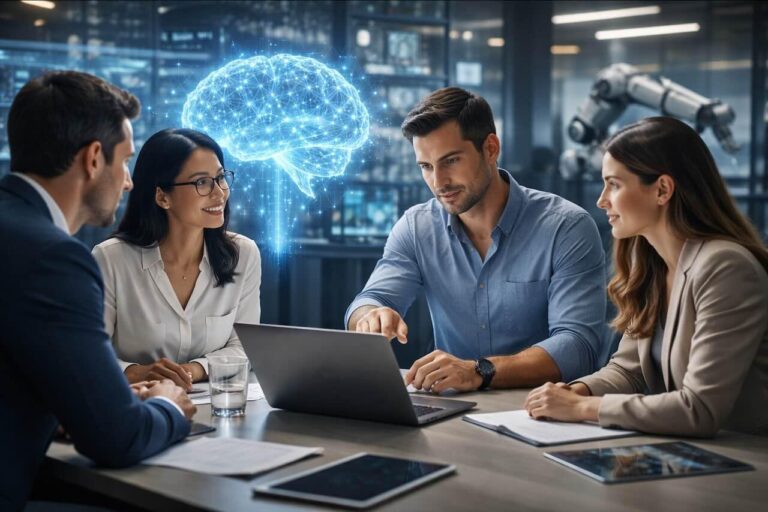 עובדים בדיון במשרד מודרני על השפעת הבינה המלאכותית על שוק העבודה בשנת 2026
