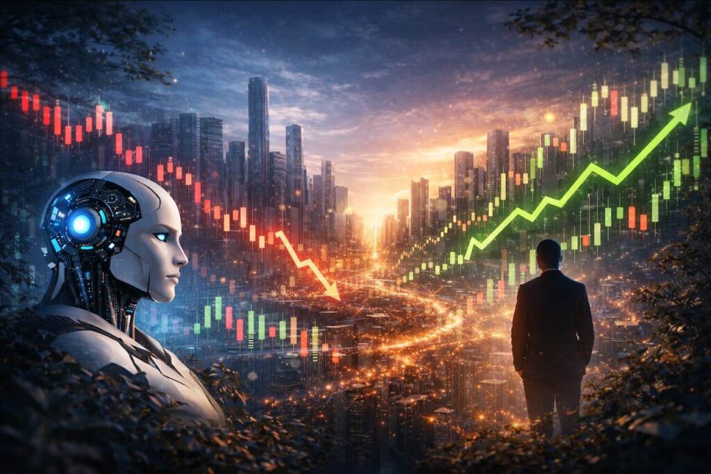 המחשה של שוק ההון והבינה המלאכותית בפברואר 2026 עם גרפי נרות ומגמות שוק