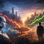 המחשה של שוק ההון והבינה המלאכותית בפברואר 2026 עם גרפי נרות ומגמות שוק