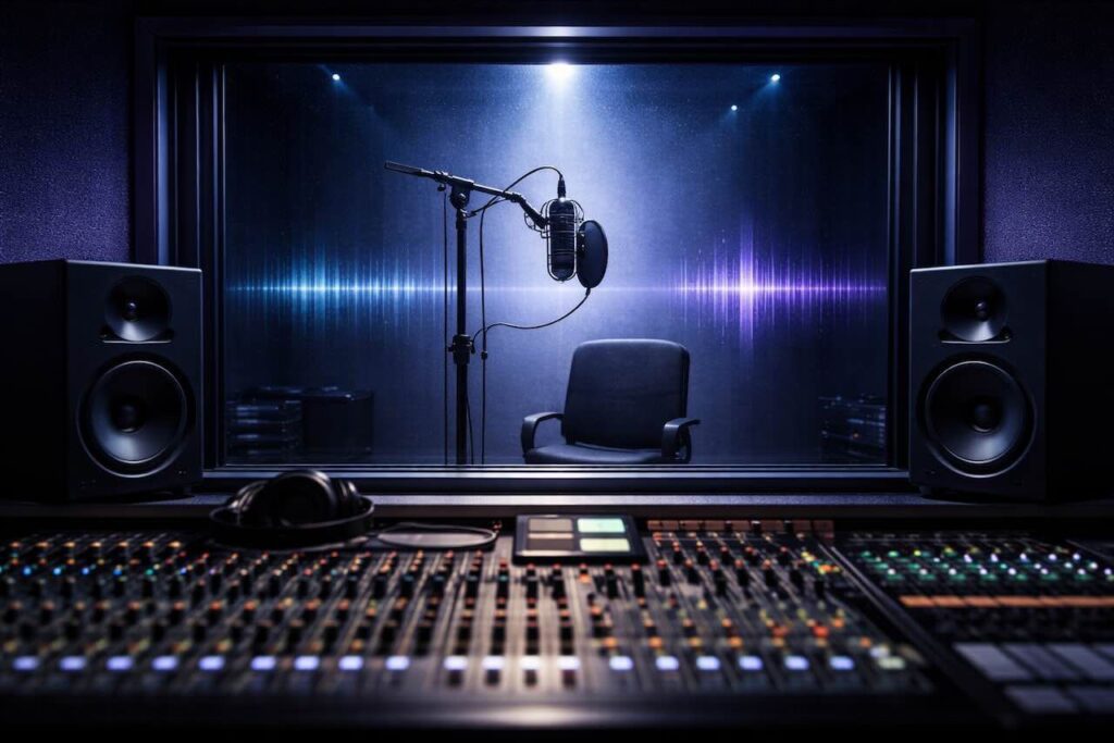 אולפן הקלטות ריק עם מיקרופון וגל קול דיגיטלי המסמל בינה מלאכותית במוזיקה