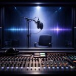 אולפן הקלטות ריק עם מיקרופון וגל קול דיגיטלי המסמל בינה מלאכותית במוזיקה