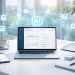 משרד מודרני עם מחשב נייד המציג מערכת AI לניהול משרד חכם ואוטומציה עסקית