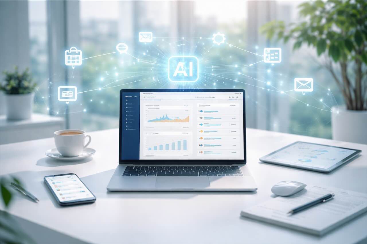 משרד מודרני עם מחשב נייד המציג מערכת AI לניהול משרד חכם ואוטומציה עסקית