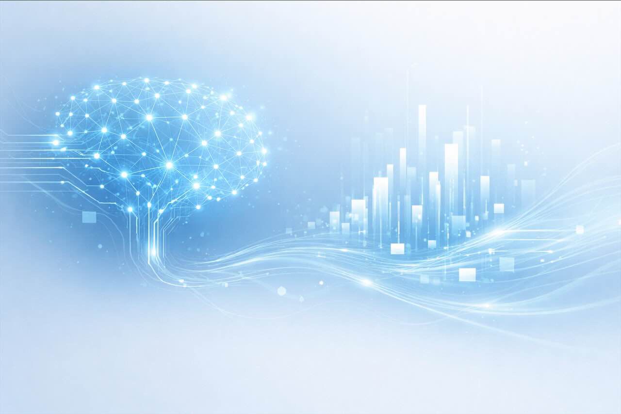 איור אבסטרקטי כחול שממחיש מערכות בינה מלאכותית ועיבוד נתונים