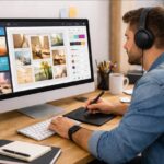 מעצב גרפי עובד על עיצוב במחשב באמצעות כלי AI בממשק עיצוב