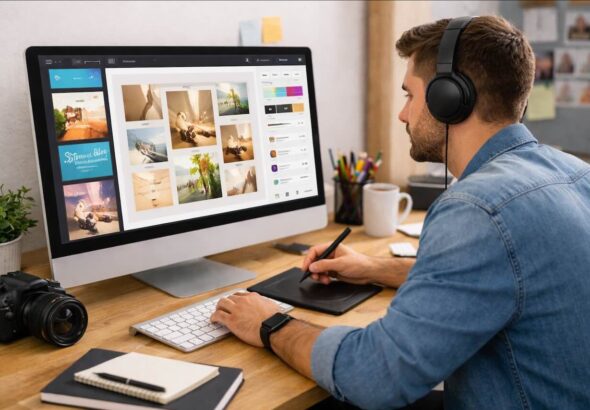 מעצב גרפי עובד על עיצוב במחשב באמצעות כלי AI בממשק עיצוב