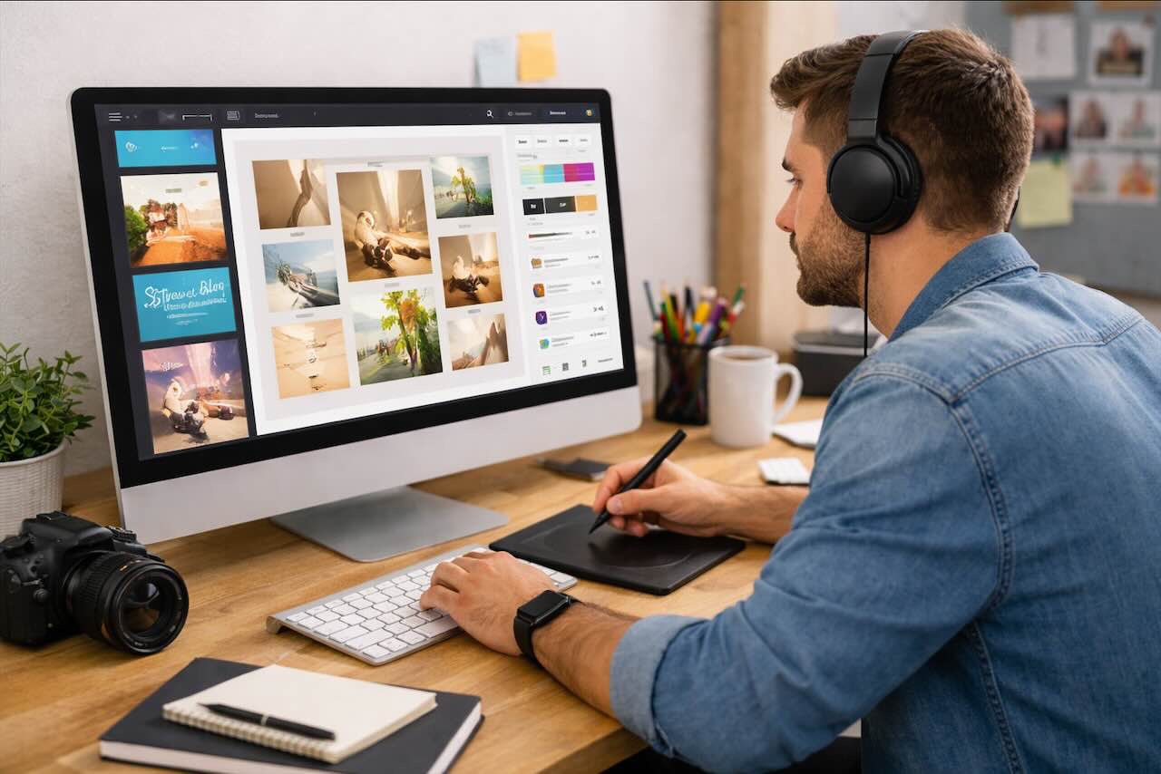 מעצב גרפי עובד על עיצוב במחשב באמצעות כלי AI בממשק עיצוב