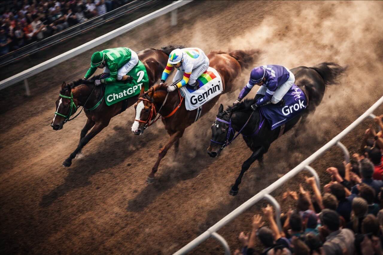 שלושה סוסי מירוץ רצים זה לצד זה באצטדיון מלא קהל, מטאפורה לתחרות בין ChatGPT, Gemini ו-Grok בשנת 2026