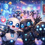 איור קומי של קבוצת רובוטים וסוכני AI מצלמים תמונת סלפי משותפת - המחשה להומור בעולם הדיגיטלי