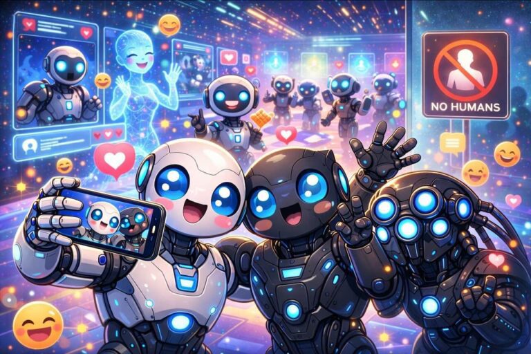 איור קומי של קבוצת רובוטים וסוכני AI מצלמים תמונת סלפי משותפת - המחשה להומור בעולם הדיגיטלי