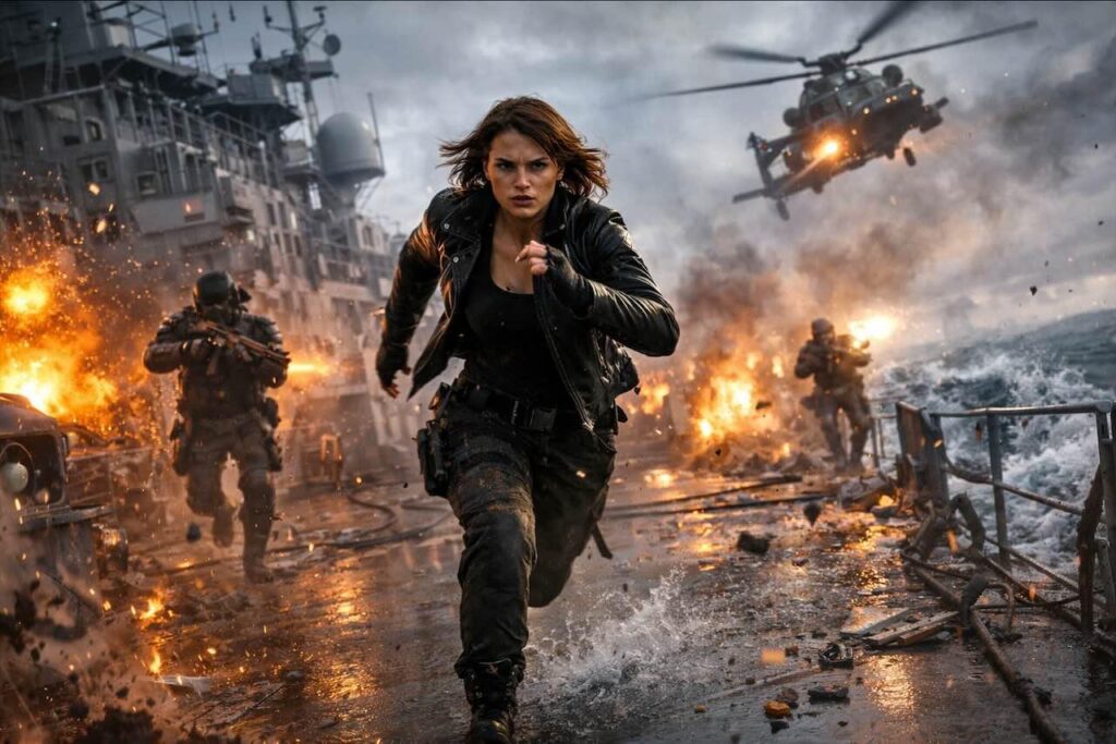 סצנת אקשן קולנועית על סיפון ספינה צבאית בעת קרב ימי, אישה רצה על הסיפון בזמן פיצוצים ומסוק ברקע