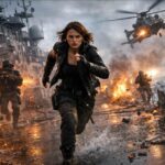 סצנת אקשן קולנועית על סיפון ספינה צבאית בעת קרב ימי, אישה רצה על הסיפון בזמן פיצוצים ומסוק ברקע