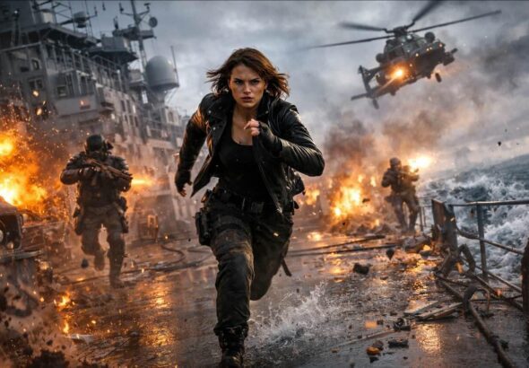 סצנת אקשן קולנועית על סיפון ספינה צבאית בעת קרב ימי, אישה רצה על הסיפון בזמן פיצוצים ומסוק ברקע