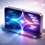 ילוסטרציה תלת-ממדית של ממשק העבודה Gemini Canvas המציגה מסך מפוצל לעריכת קוד ותוכן בשילוב הלוגו של גוגל ג'מיני