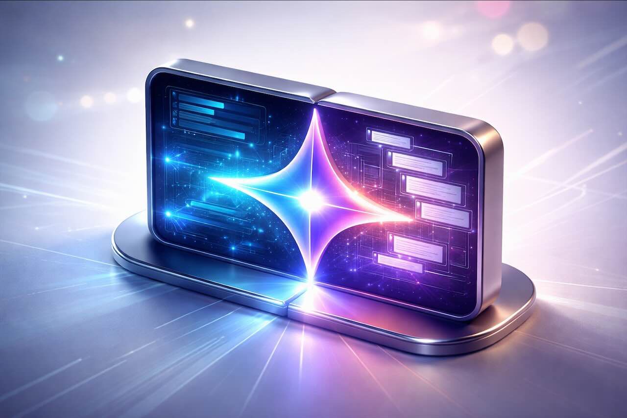 ילוסטרציה תלת-ממדית של ממשק העבודה Gemini Canvas המציגה מסך מפוצל לעריכת קוד ותוכן בשילוב הלוגו של גוגל ג'מיני