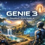 אילוסטרציה של Google Genie 3 המציגה רובוט עתידני משקיף על עולם פנטזיה עם דרקון וטירה שנוצר בבינה מלאכותית. בתחתית התמונה יד אוחזת בבקר משחק, הממחיש את היכולת לשלוט בעולם הגנרטיבי בזמן אמת.