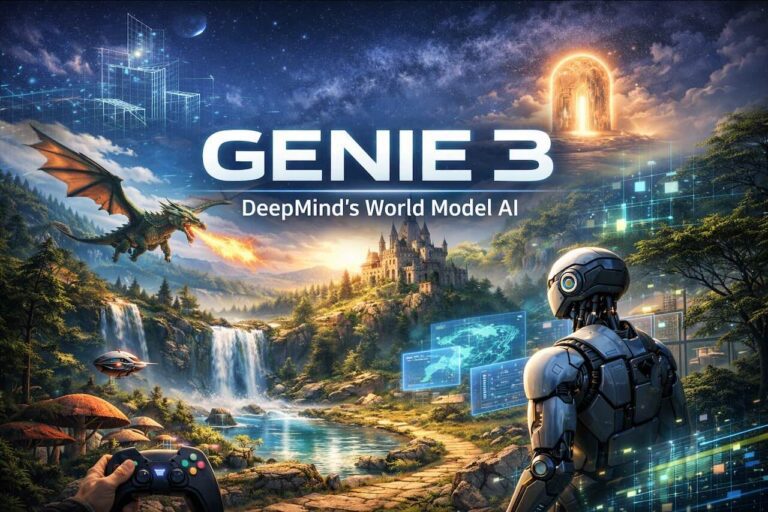אילוסטרציה של Google Genie 3 המציגה רובוט עתידני משקיף על עולם פנטזיה עם דרקון וטירה שנוצר בבינה מלאכותית. בתחתית התמונה יד אוחזת בבקר משחק, הממחיש את היכולת לשלוט בעולם הגנרטיבי בזמן אמת.