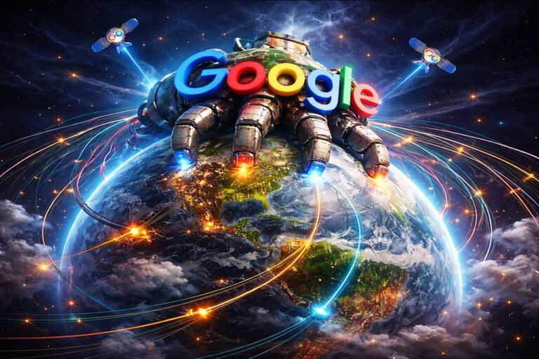 יד רובוטית מחזיקה כדור זוהר המייצג את האקו-סיסטם החדש של Google GenMedia, הכולל את כלי ה-AI החדשים: Gemini 3, Stitch, Veo ו-Opal.