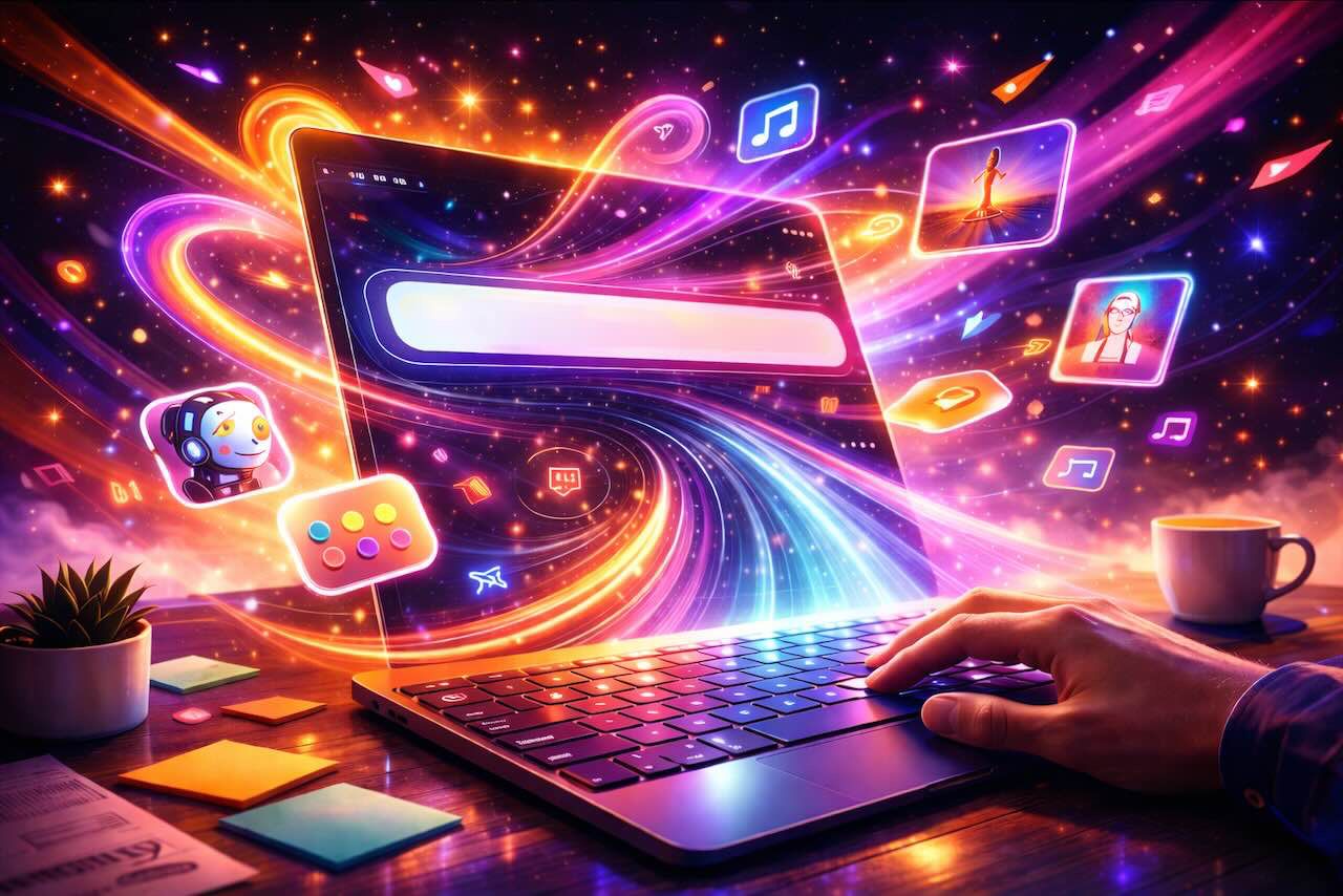 המחשה ויזואלית למדריך כתיבת פרומפטים בבינה מלאכותית עם מחשב נייד ואפקטים דיגיטליים צבעוניים