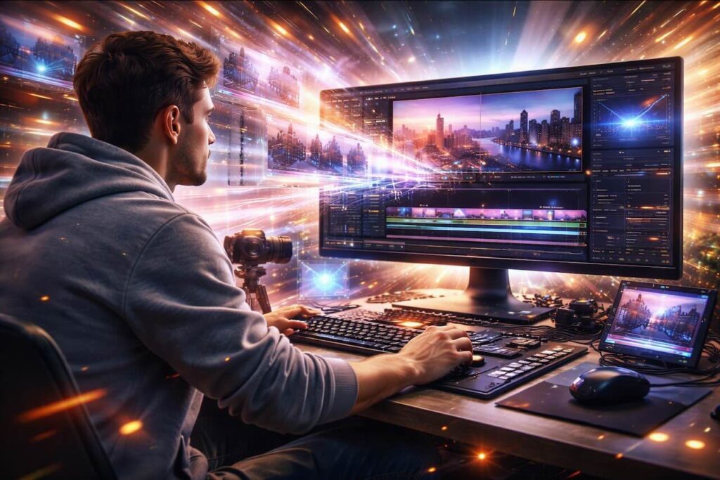 יוצר תוכן עובד על מחשב ליצירת וידאו בבינה מלאכותית עם ממשק עריכה מתקדם