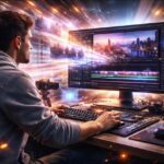 יוצר תוכן עובד על מחשב ליצירת וידאו בבינה מלאכותית עם ממשק עריכה מתקדם