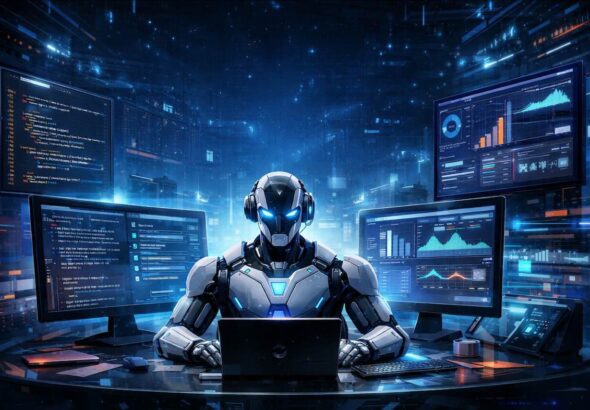 OpenClaw – סוכן בינה מלאכותית אוטונומי עובד מול מסכים עם קוד ונתונים בסביבת עבודה עתידנית