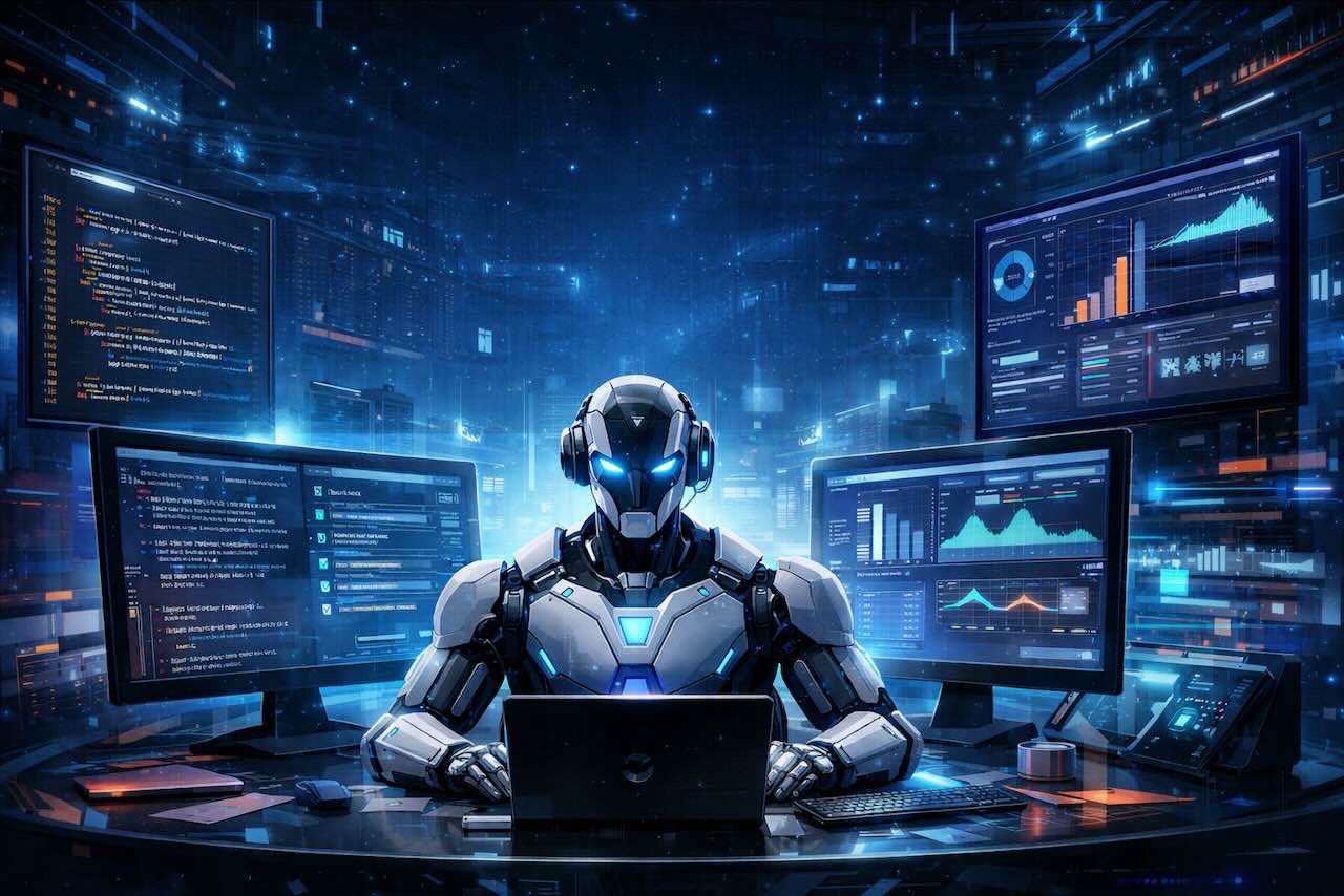 OpenClaw – סוכן בינה מלאכותית אוטונומי עובד מול מסכים עם קוד ונתונים בסביבת עבודה עתידנית