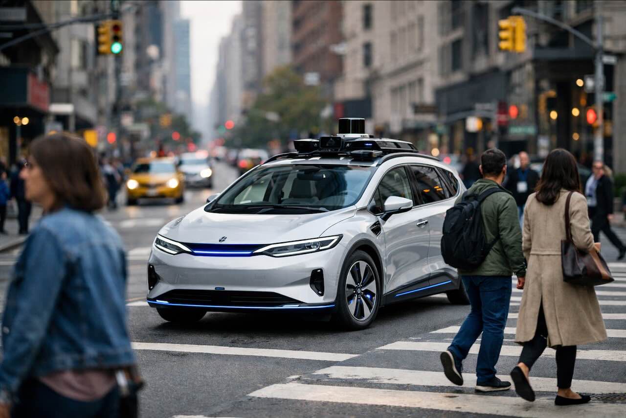 רובוטקסי אוטונומי מתקדם משתלב בתנועה עירונית סואנת ב-2026, מצויד בחיישני LiDAR ומערכות AI, לצד הולכי רגל.