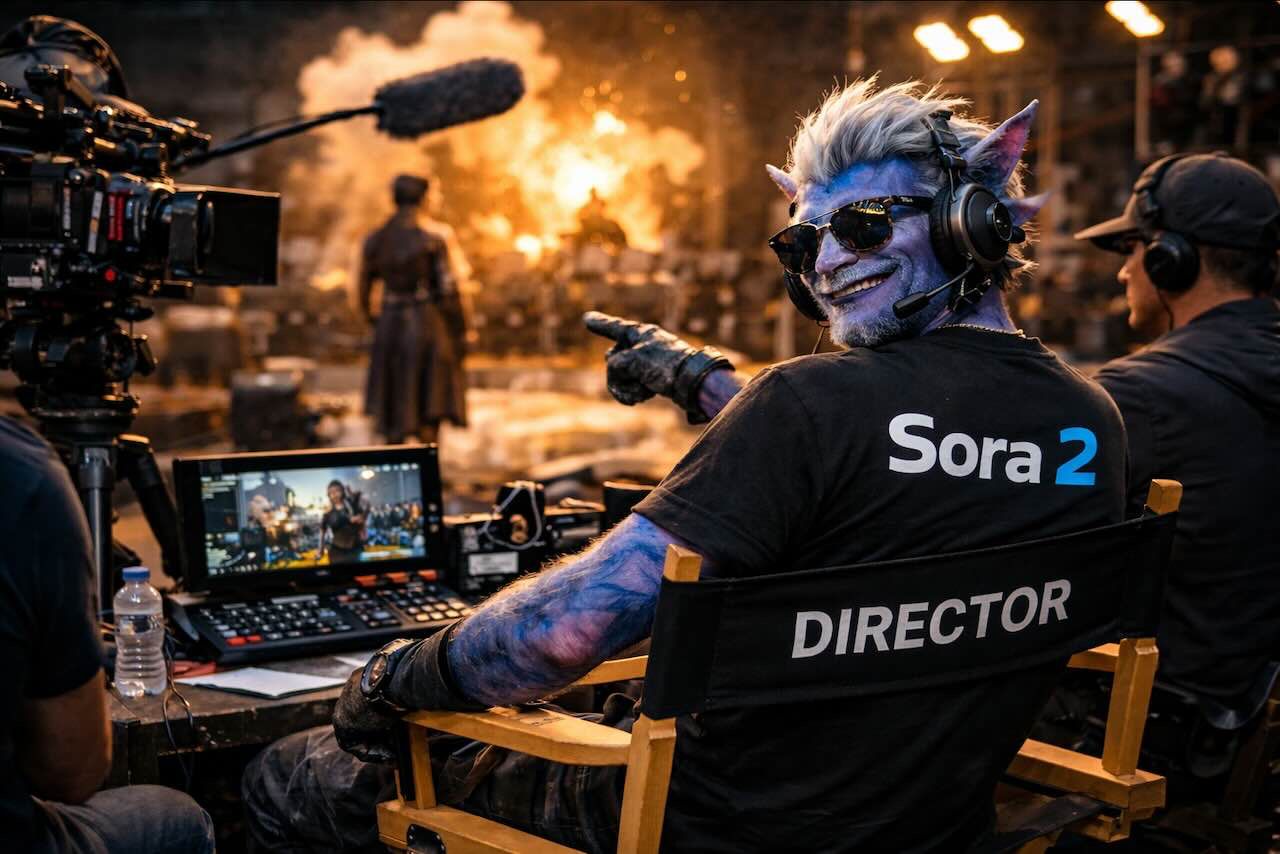 Fictional film director on a real movie set wearing Sora 2 shirt directing cinematic production