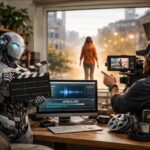 יצירת וידאו קולנועי עם Sora AI – סביבת עבודה עתידנית עם מצלמה וירטואלית ותאורה דינמית